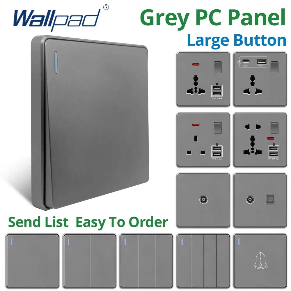 Wallpad Large Button 1 2 3 4 Gang 2 Way Switch Grey Plastic Panel EU UK Socket Type C USB Charge Port 10A 250V