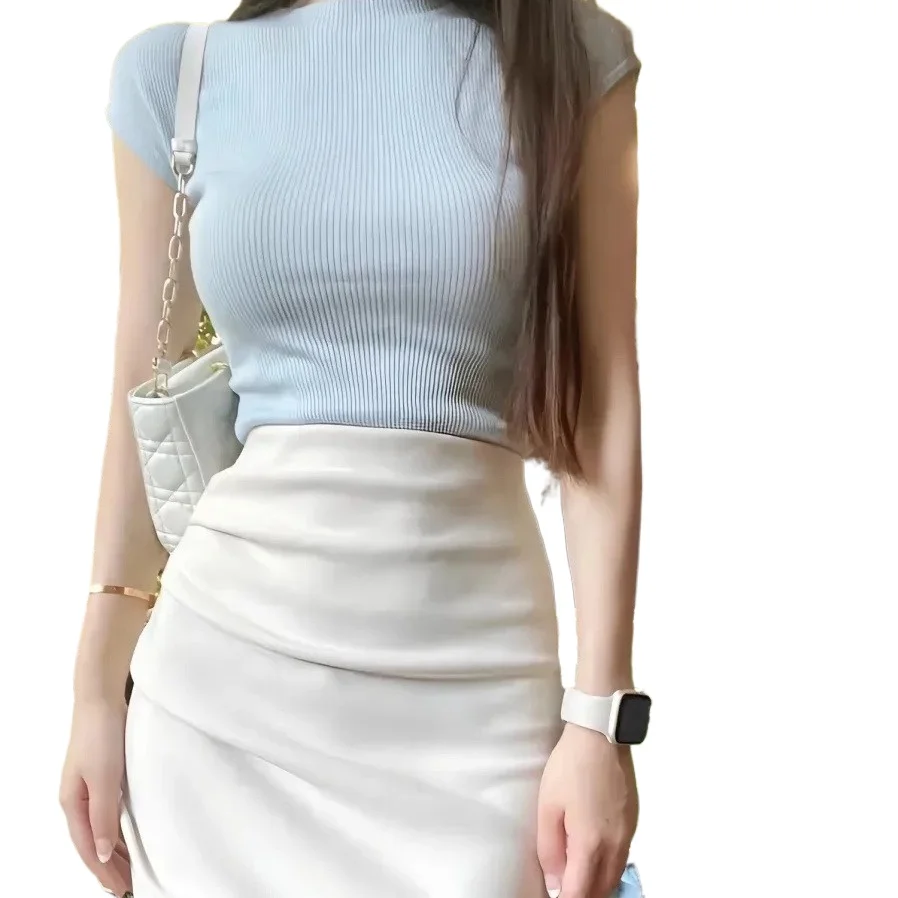 High End Summer Two-piece Skirt Set Blue T Shirt Simple High Waisted Hip Skirt Vintage Women\'s Clothing Office Lady