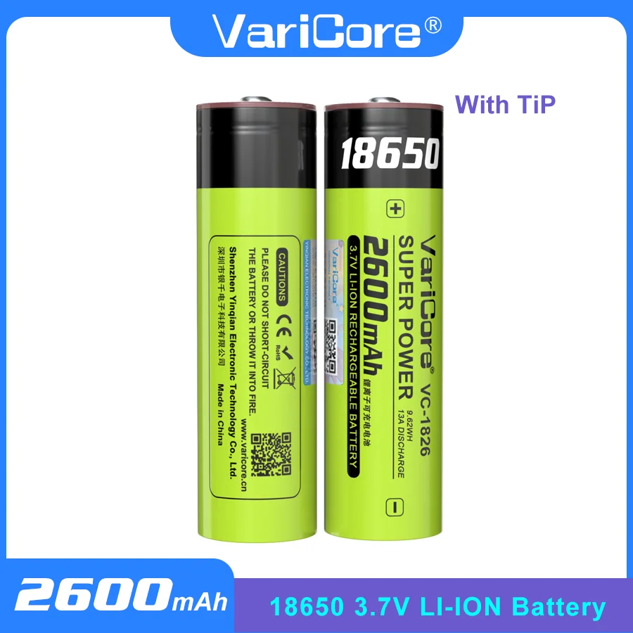 

VariCore VC-1826 с TiP 18650 3,7 В 2600 мАч литиевая аккумуляторная батарея большой емкости для фонарика и силового оборудования