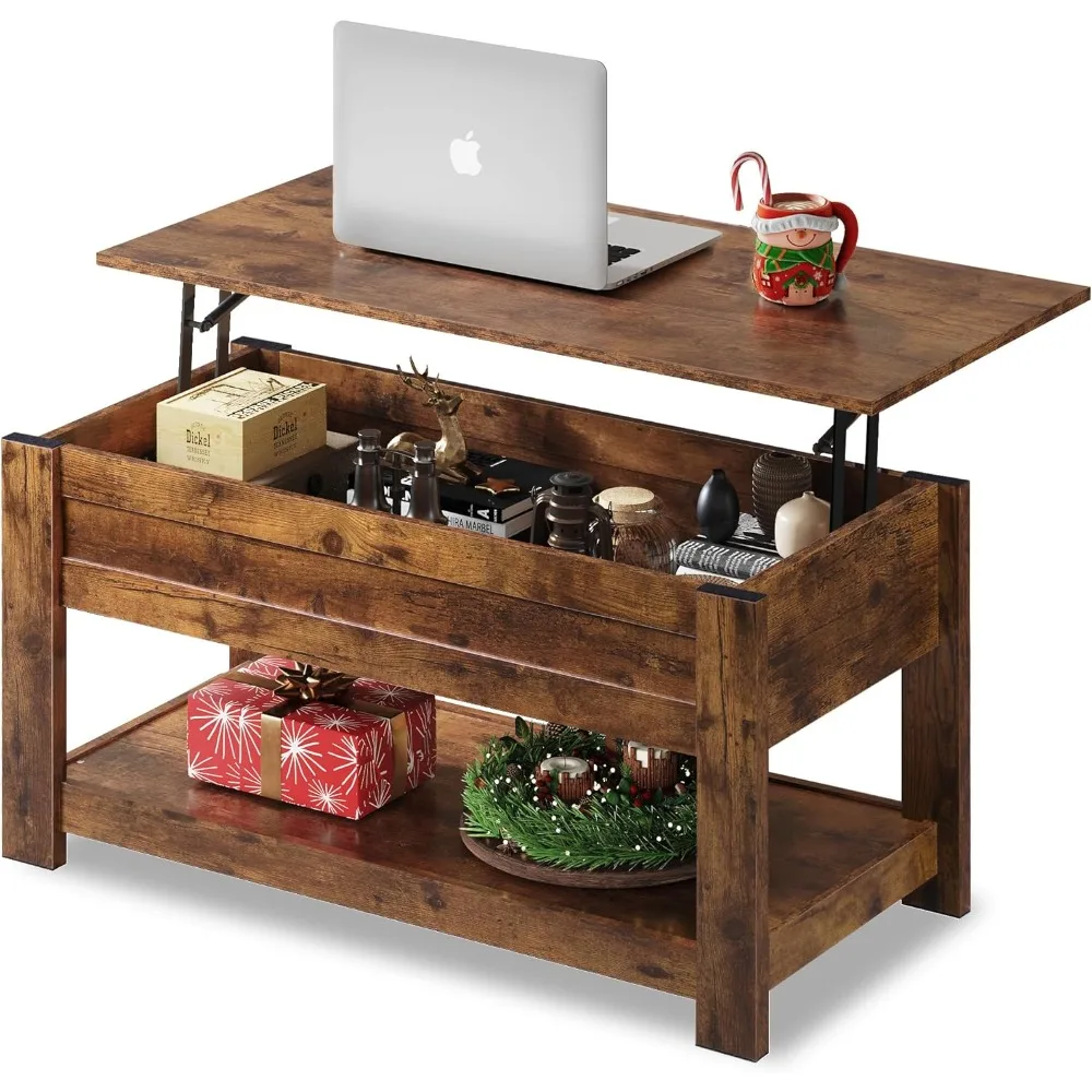 39" Lift Top Coffee Table with Hidden Compartment and Storage Shelf for Living Room, Rustic Brown Coffee Table