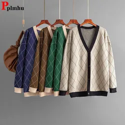 Fall Winter V-neck Plaid Knitted Sweater Cardigan Women Casual Loose Single Breasted Knit Coats Korean Long Sleeve Abrigos New