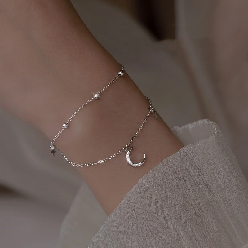 925 Sterling Silver Double Layer Star Moon Bracelet Sparkling Zircon Bracelet Cute Fashion Wedding Jewelry For Ladies Gift