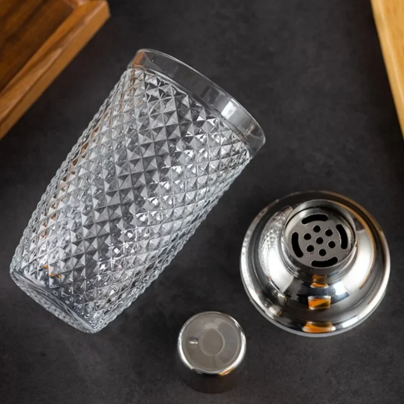 Glass Cocktail Shaker Martini Mocktail Making Set with Leakproof Metallic Steel Lid Woven Pattern Glass Cup Home Use Bar Gadget