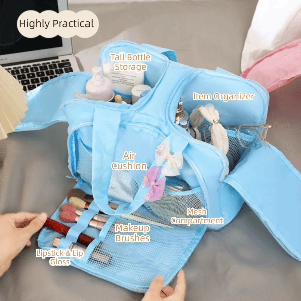 Multipocket Design Cosmetic Handbag Comfortable Handle Double Side Open Makeup Organizer Checkered Pattern Water-Resistant