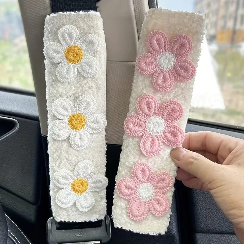 1/2 Fundas para Cinturón de Seguridad de Coche, Almohadillas Universales para Correas de Hombro de Asiento de Coche, Cojín Protector de Cinturón de Seguridad de Felpa Gruesa con Flores Bordadas