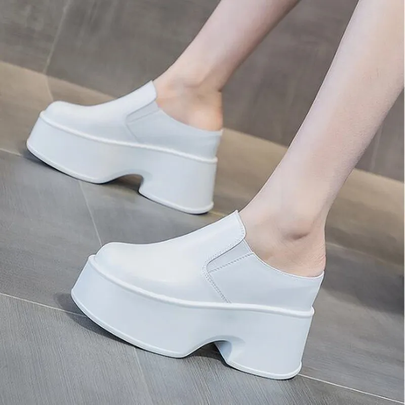 11cm 2026 Height Increasing Ladies Genuine Leather Pumps Fashion Platform Wedge White Slippers New Women Casual Females Shoes