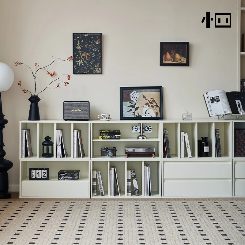 Free combination bookshelf Floor-to-ceiling shelf Integrated wall cabinet Bookcase Locker Integrated white cream short cabinet