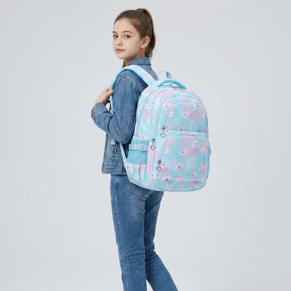 Cute Flower Printed Children Backpack Multiple Pockets Korean Style Shoulders Bag Nylon Large Capacity Student School Bag Kids