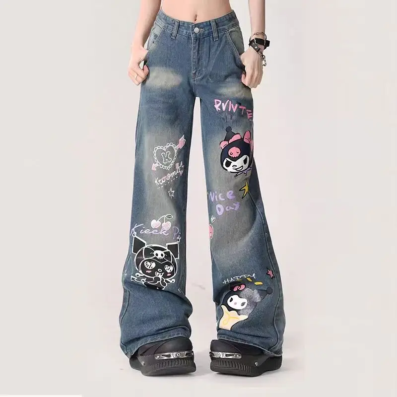 Sanrio Kuromi Cartoon Graffiti Jeans Women High Waist Print Design Pants Y2k Fashion Straight Loose American High Street Trouser