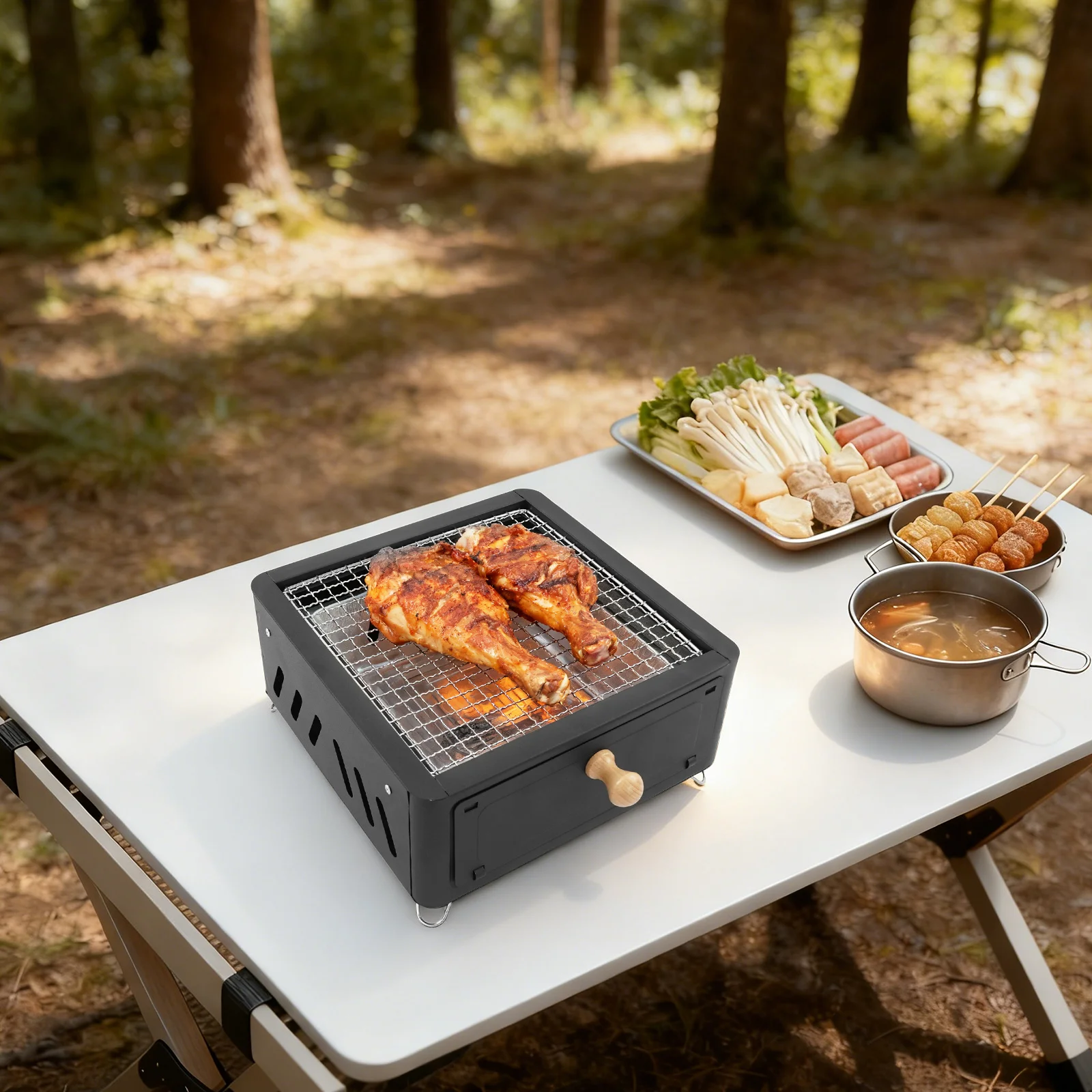 Barbecue au charbon de bois portable noir, réchaud de camping de table avec étagère à charbon intégrée, barbecue de table au charbon de bois pour barbecues de jardin, camping en plein air, pique-niques