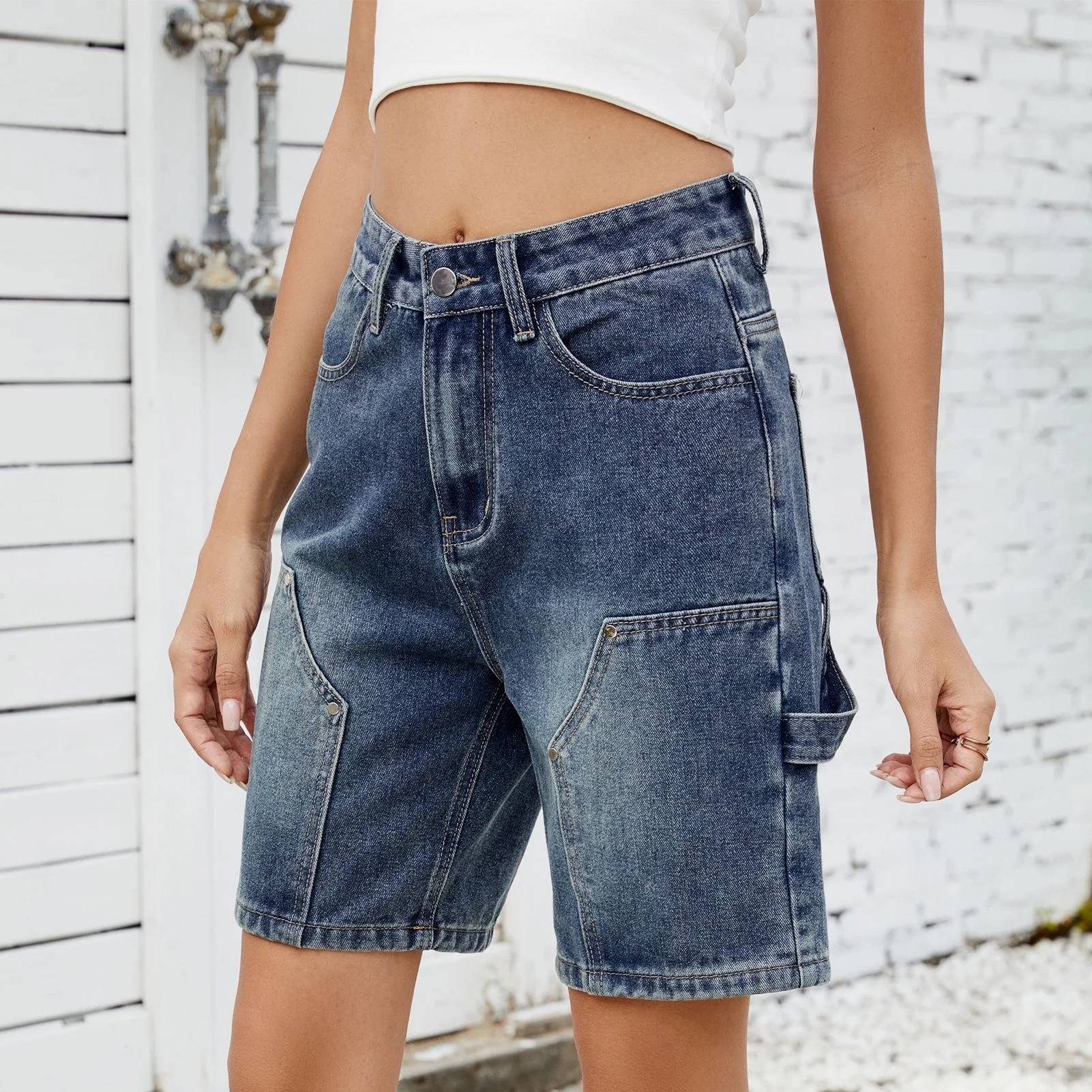 

Cool Street Style Women's Jeans High Waist Cotton Denim Five-Point Pants Washed Blue Summer Trendy Fashion Wish