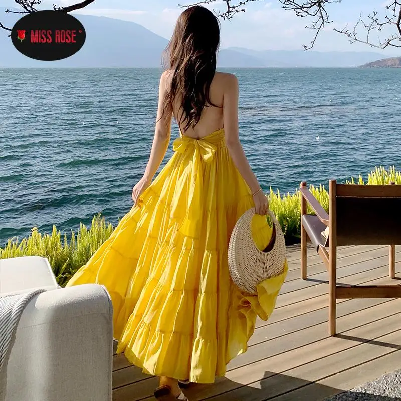 

Yellow Ruffles Half Turtleneck High Waist Dresses Women Chiffon Cake Layers Umbrella Sundress Robes Lady Bohemian Boho Vestidos