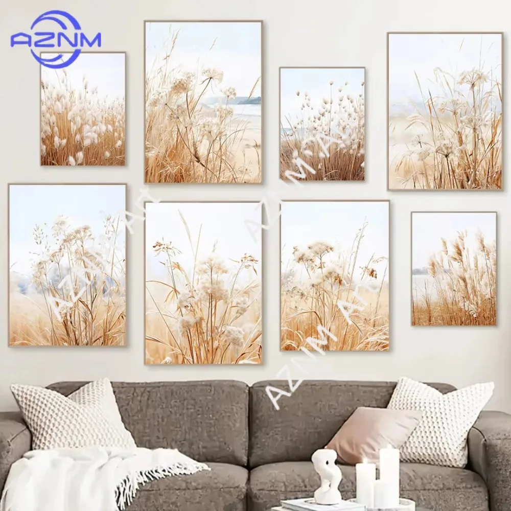 1 Stück Modernes Bohemian-Style Strand-Poster mit Schilfrohr und Löwenzahn, Neutrale Kunst, Minimalistisches Leinwandgemälde, Wandbild, Heimdekoration