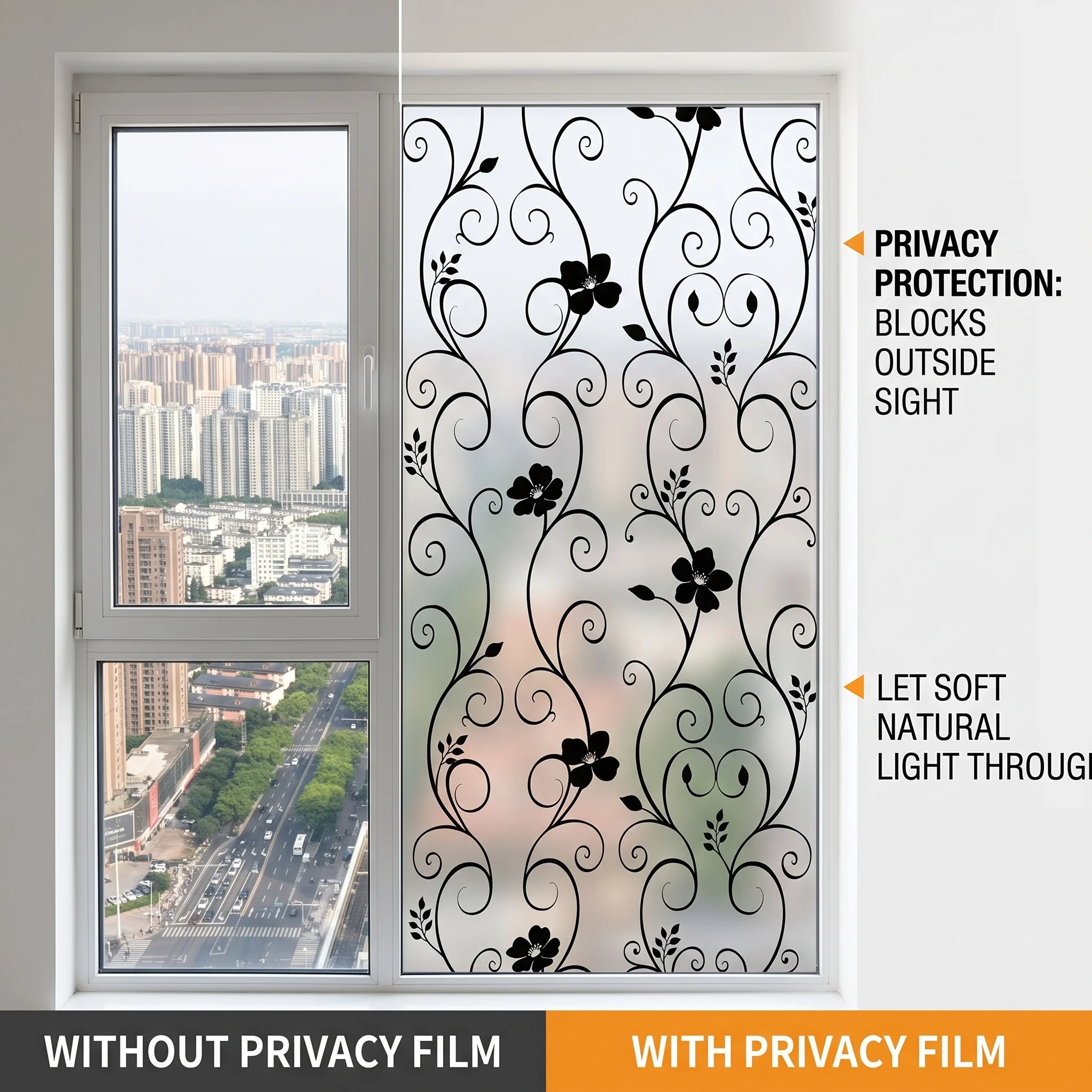 Decorative Black Floral Vine Frosted Window Privacy Film Self‑Adhesive Glass Decal, Anti‑Peeping for Home Office Glass Door Wind
