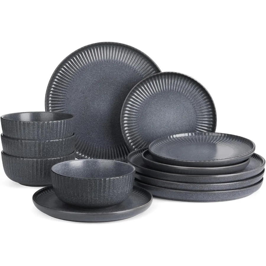 

Starlight Dinnerware Sets Plates and Bowls Dish Set of 4 12 Pieces for Modern Dining Rooms Ribbed Textured Tableware with Matte
