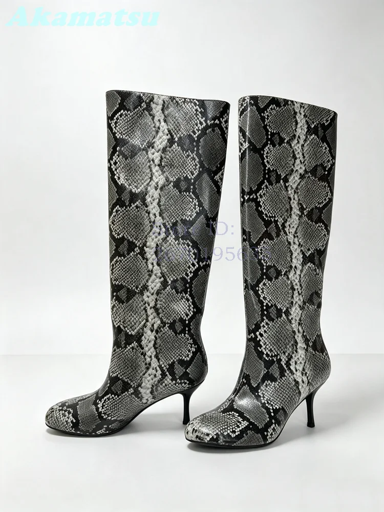 Botas Altas Grises con Estampado de Serpiente, Retro, Punta Redonda, Tacón de Aguja Delgado, Estilo Moderno, para Mujer, Moda Verano 2026, Zapatos de Fiesta