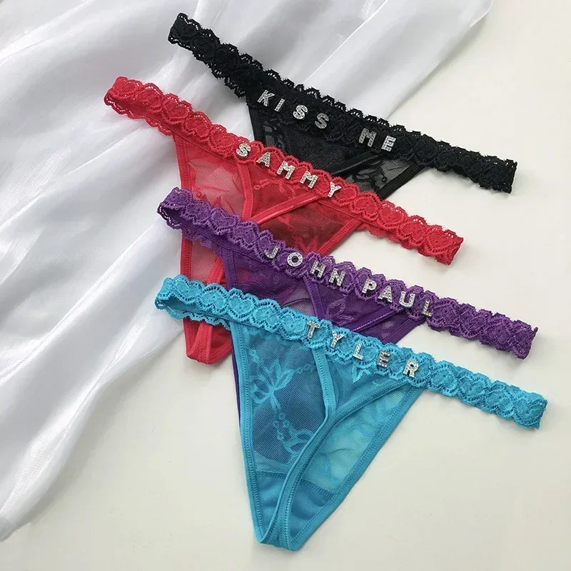 Individualization Customized Lace Underpants Sexy T-shaped Pants Jewellery Rhinestone Letter Lace Peach-shaped Buttofks