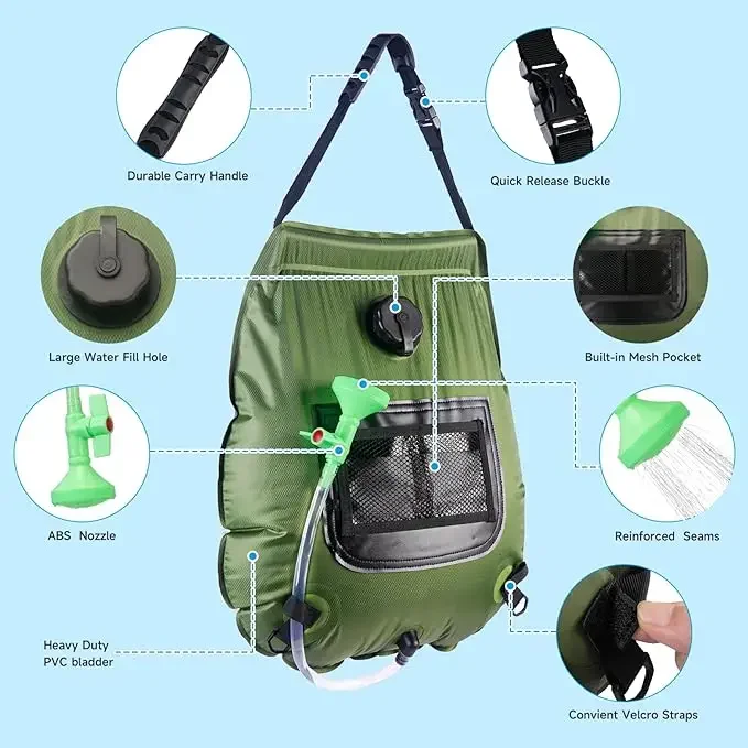 Collapsible Solar Heated Shower Bag for Camping, 5 Gallon/20L with Switchable Showerhead