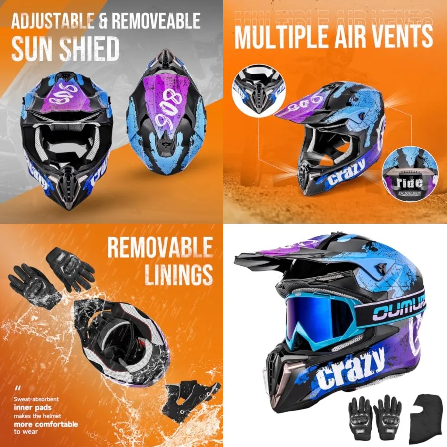 

Adult ATV Dirt Bike Helmet with Goggles Gloves Mask Quick Release Buckle Adjustable Sun Visor Motorcycle Adult Helmet Off-Road