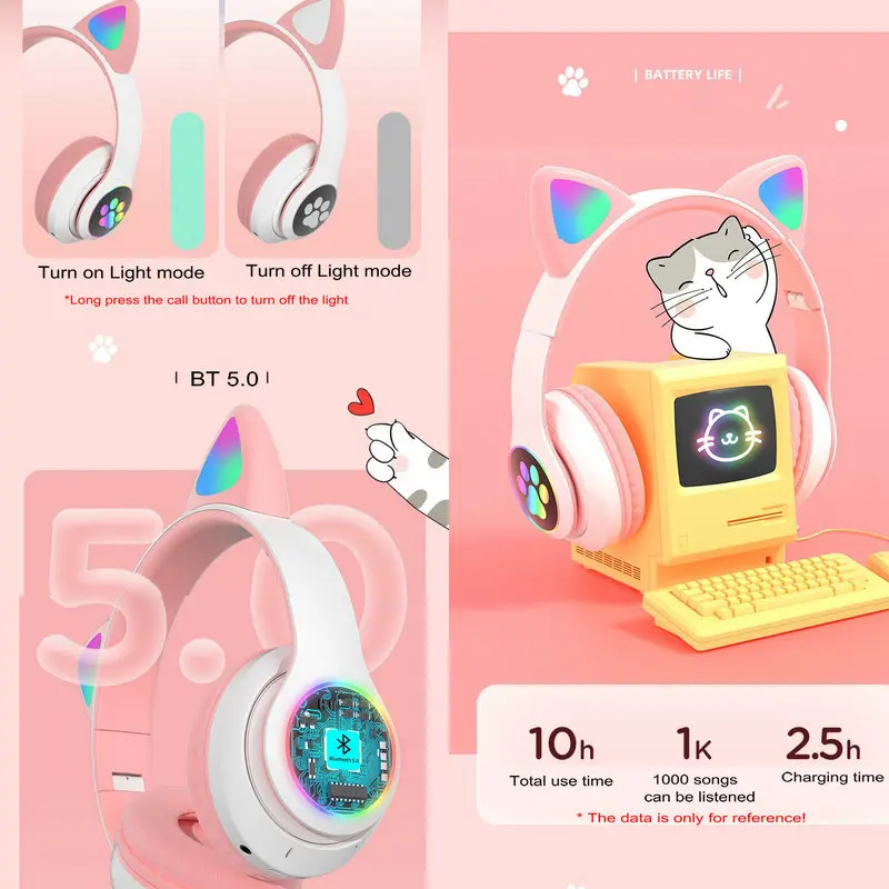 2025 New Flash Lamp Cute Cat Ears Headphone Bluetooth 5.0 Stereo Mic Support TF Card Wireless Earphone Kids Girl Birthday Gifts image 5