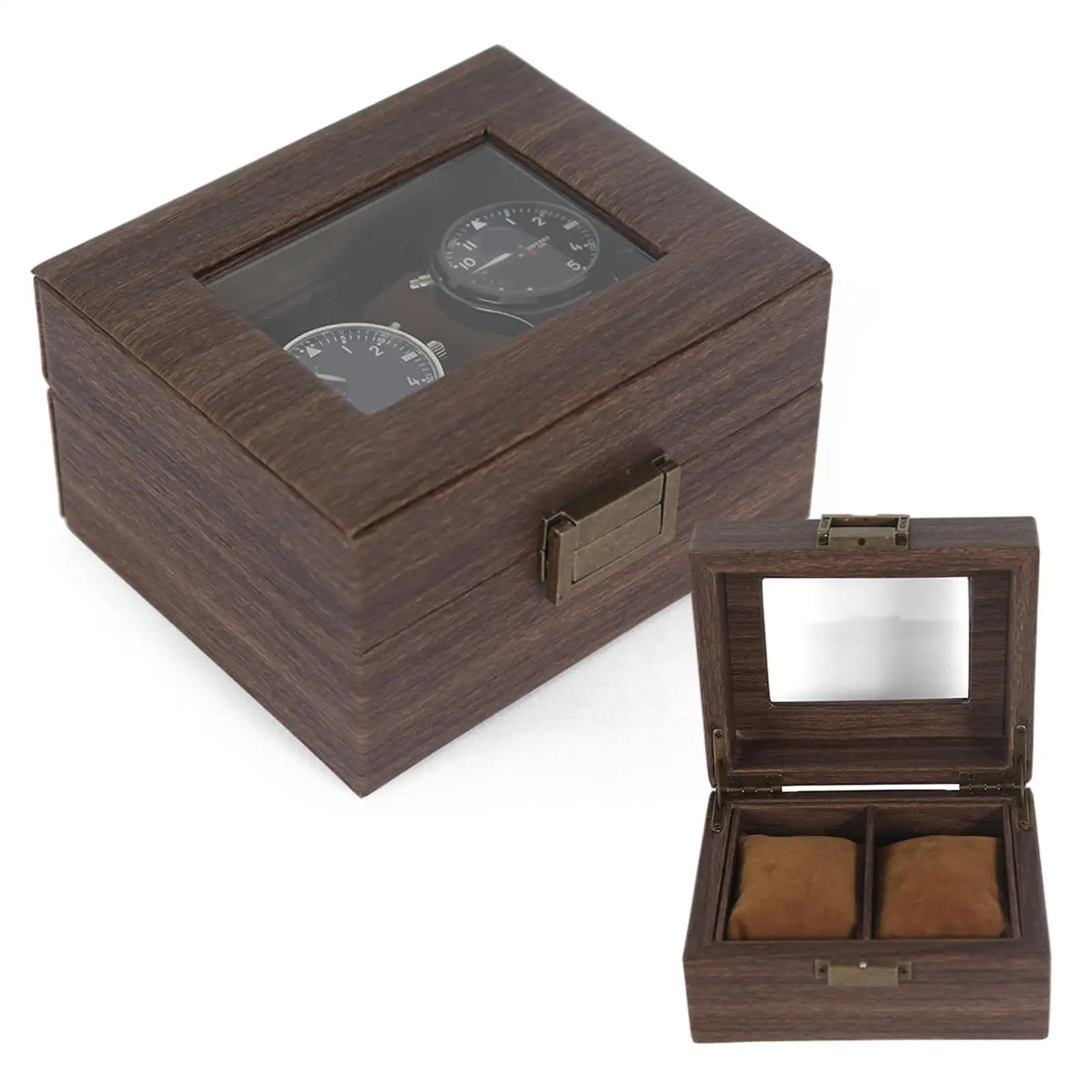 Watch Display Case and Lock Portable W/, Wood, 2 Slot ,Jewelry Organizer Storage Box ,for Gifts, Men Women