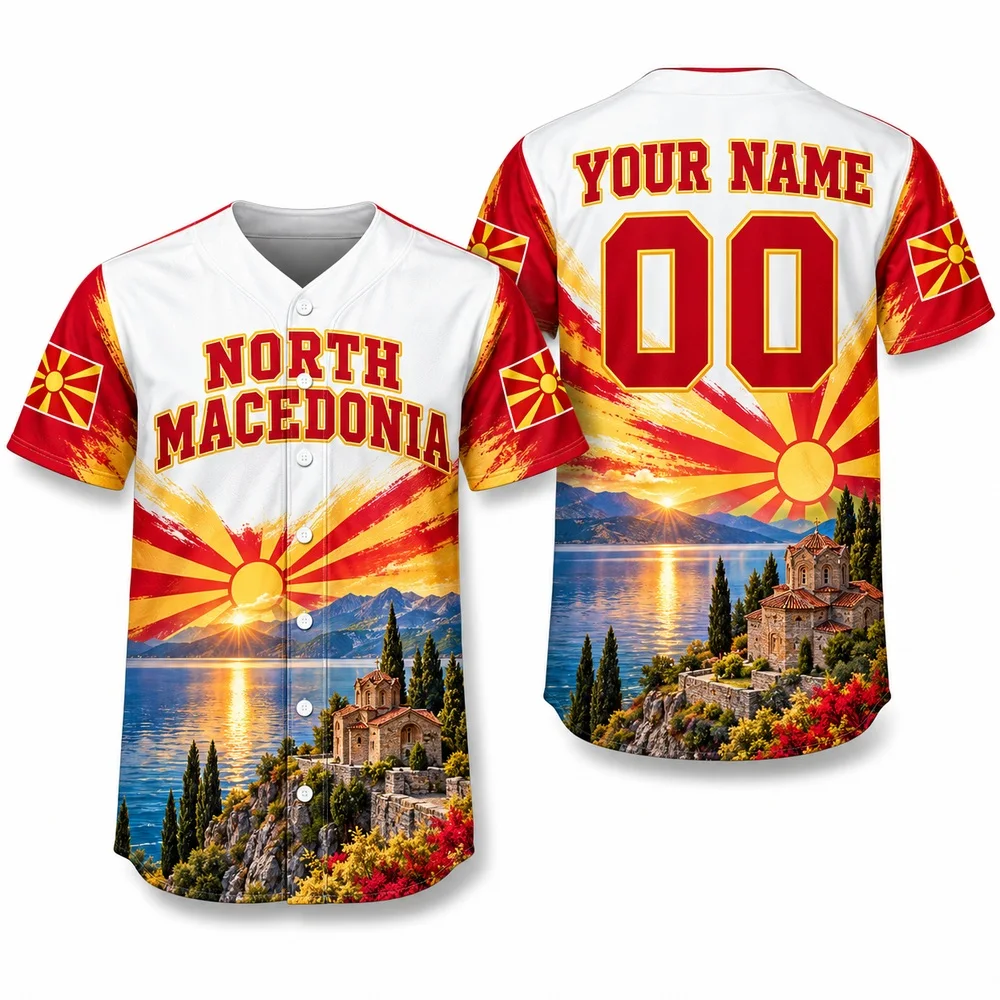 North Macedonia Sun Baseball Jersey Lake and Folk Prints Jerseys Shirt with Full Print Landmark Athletic Red Gold Shirts