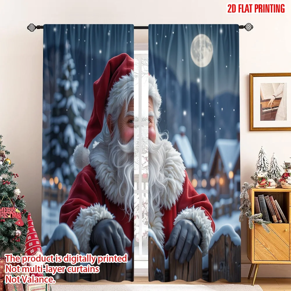 

2pcs 2D flat printing Merry Christmas Drapes Santa Claus Snowy Village Christmas Fabric Without Electricity Holiday Decorations
