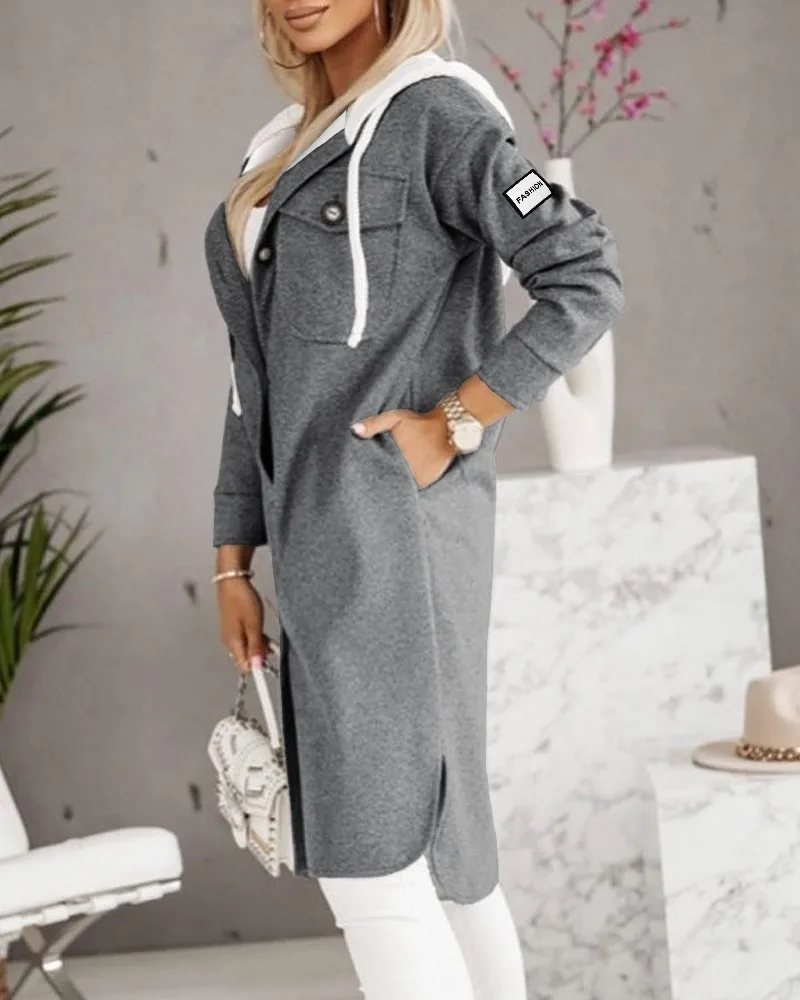 Women Coat  2023 Autumn Winter Buttoned Pocket Design Longline Hooded Coat Female Long Sleeve Button Coat Hooded Female Clothes