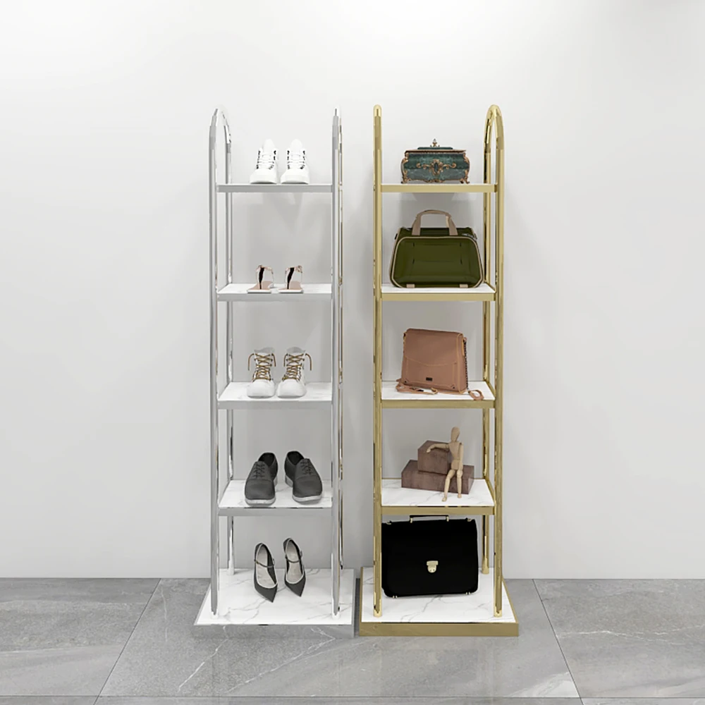 

Multilayer Silver Color Stainless Steel Garment Boutique Furniture Design Display Rack Stand with Led Light