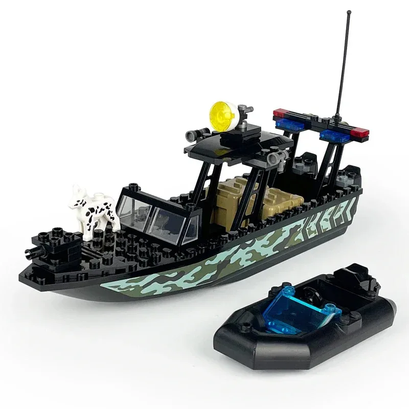 MOC World Camo Submarinos, lanchas rápidas para perros de policía, barcos de goma, escena de guerra, modelo de bloques de construcción militares, Kits de ladrillos, juegos de Ideas