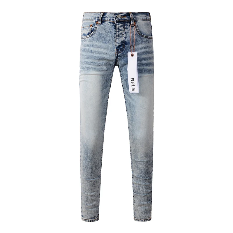 

Summer's Streetwear Stretch Skinny Button Fly Light Blue Ripped Moustache Jeans Pants