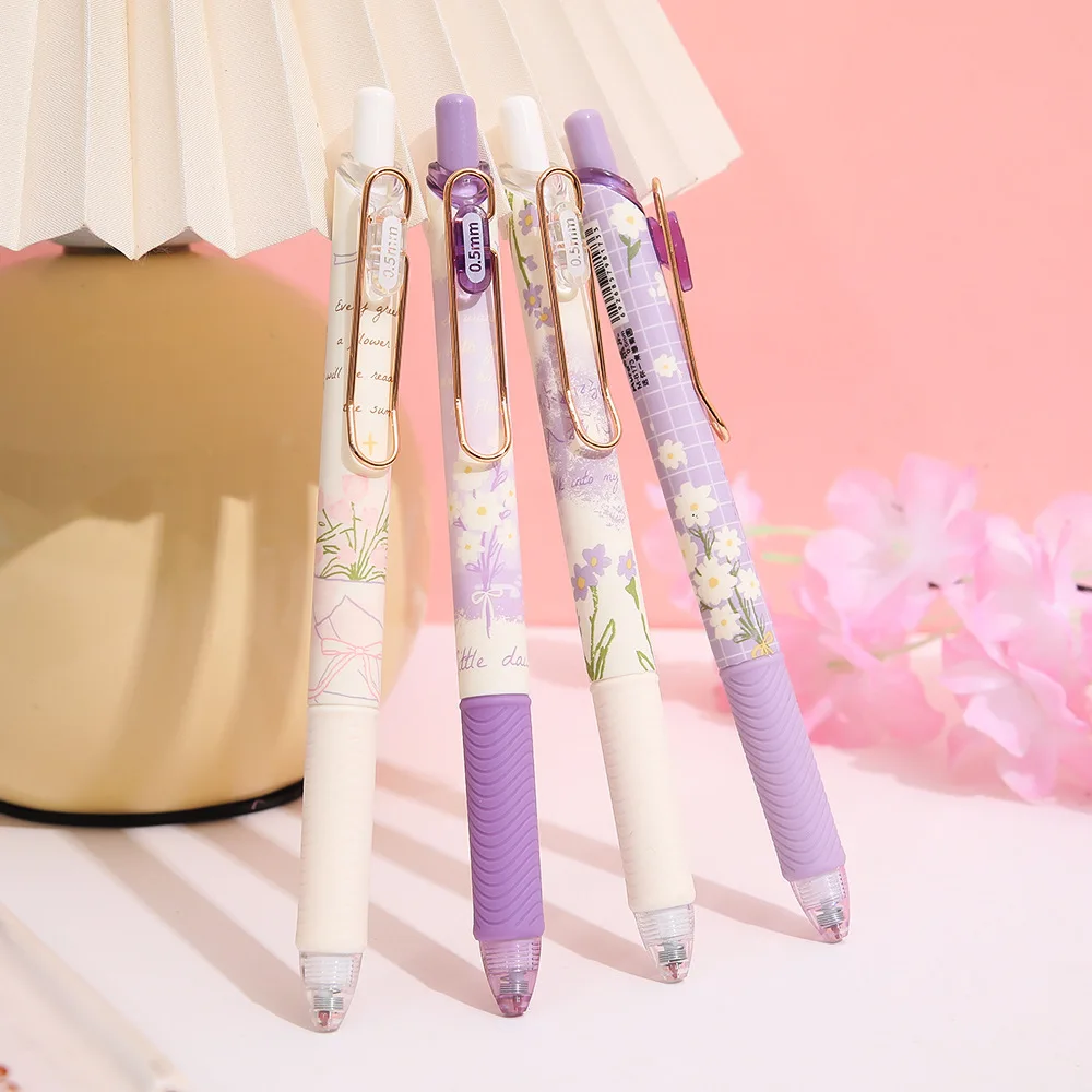 4pcs/set Purple Flower Daisy Theme Push Pen Set Fresh Style Signature Pen Student Stationery 0.5mm Quick Dry Gel Ink Pen