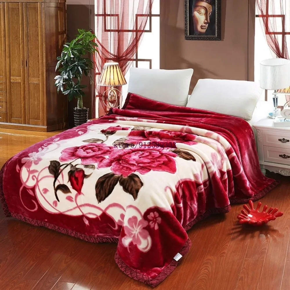 Luxurious Rose Floral Raschel Autumn Winter Two-layer thickening Warm Soft Blankets Adult Kids Bedsheet Bedspread for Bedroom