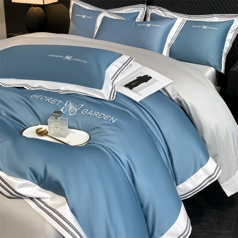 Butterfly Embroidery Bedding Set 100% Cotton Blue Grey Twill Duvet/Quilt Cover Bed Sheet Pillowcases Solid Color Bedclothes