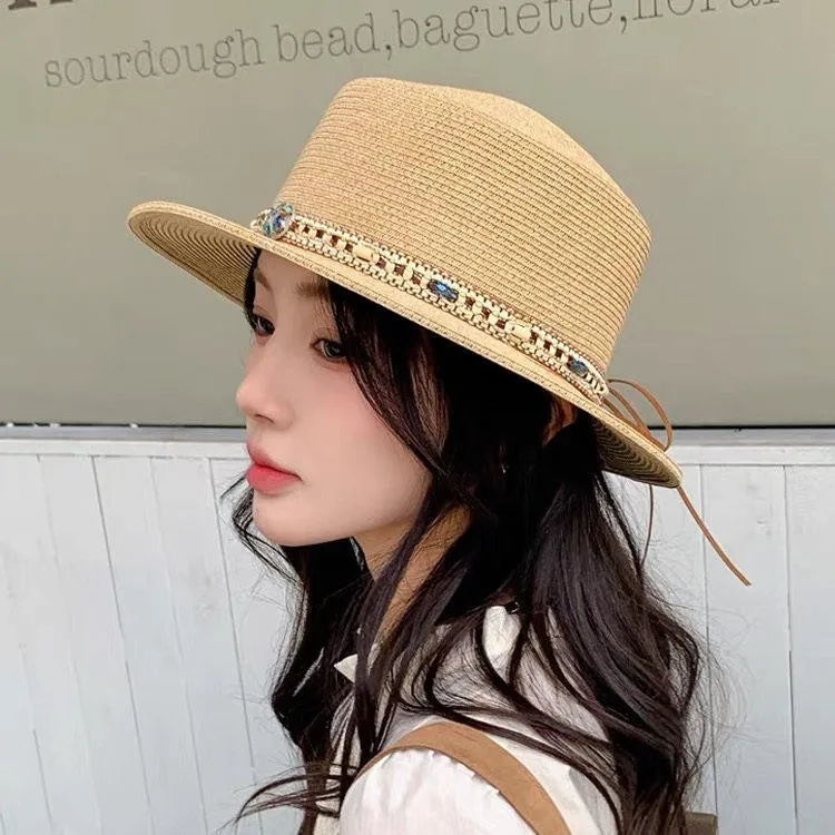 Women's Summer Travel Sunshade Hat Decorative Band Retro National Style Straw Hat Accessory Fashionable Headwear