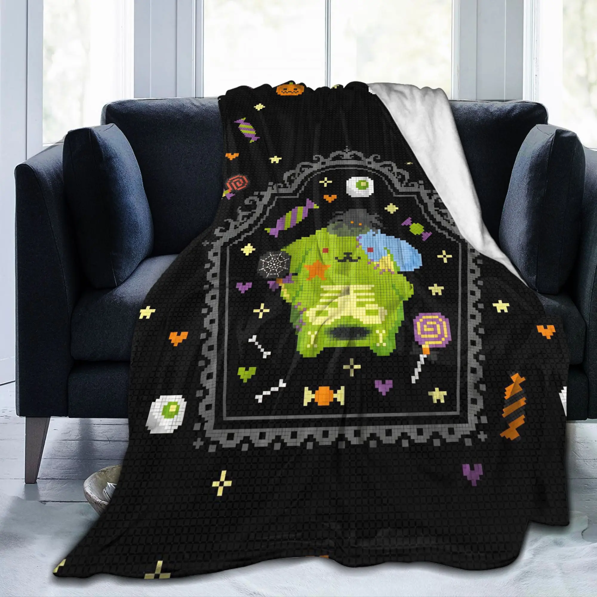 Halloween Pompompurins Blankets Flannel Winter Pixel Art Ghost Pumpkin Soft Throw Blankets for Sofa Travel Plush Thin Quilt