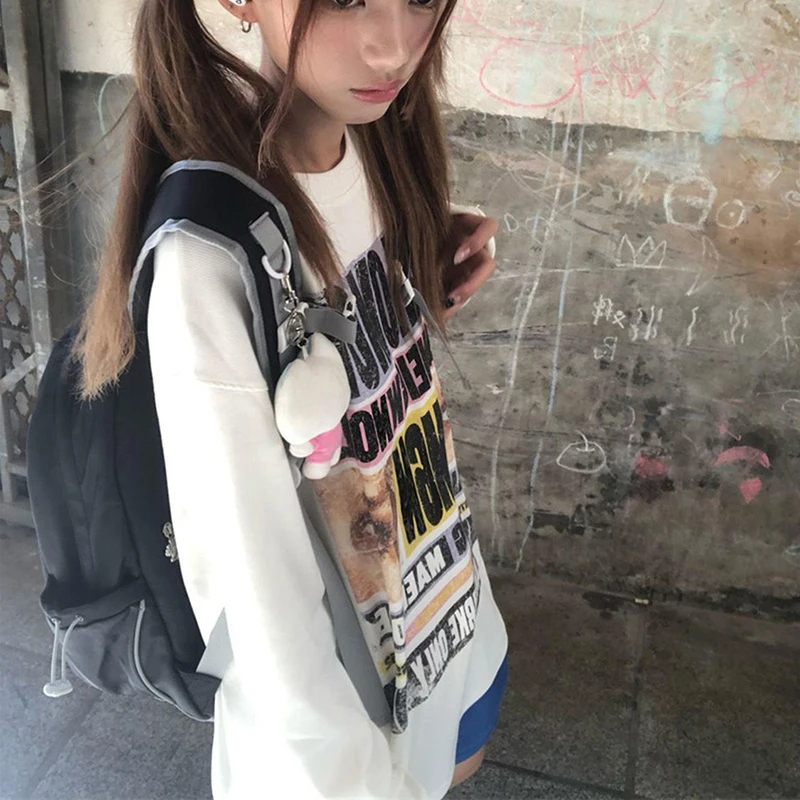 American Vintage Subculture Tee Donna Lettera Stampa Allentata O Collo T Shirt Harajuku Y2K Casual Pigro Stile Preppy Primavera Autunno Top