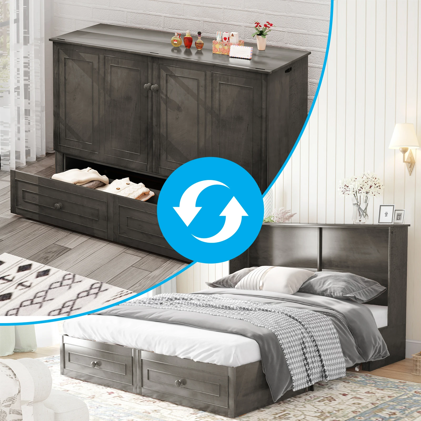 

Multifunctional Murphy Bed Cabinet with USB Charging Station, Modern Cabinet Bed with Drawers & Tri-Folding Mattress, Bed Frame