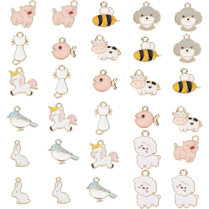 

30pcs/box Animal Theme Alloy Enamel Pendants Light Gold Mixed Color
