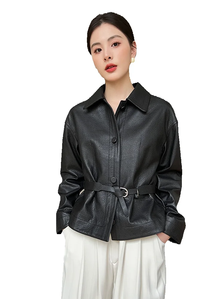 Genuine Leather Lychee Patterned Sheep Skin Women's Short Waist Slimming Jacket Spring New Jacket Leather Jacket