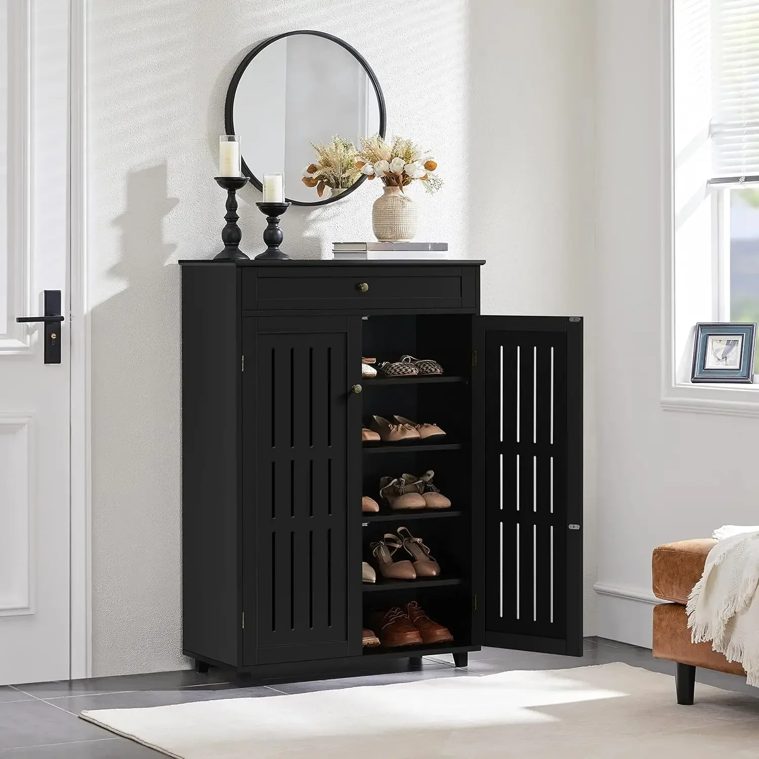 

y Cabinet 5-Tier Shoe Rack Organizer with 1 Drawer Freestanding Wooden Shoe Storage Cabinet with 2 Louvered Door