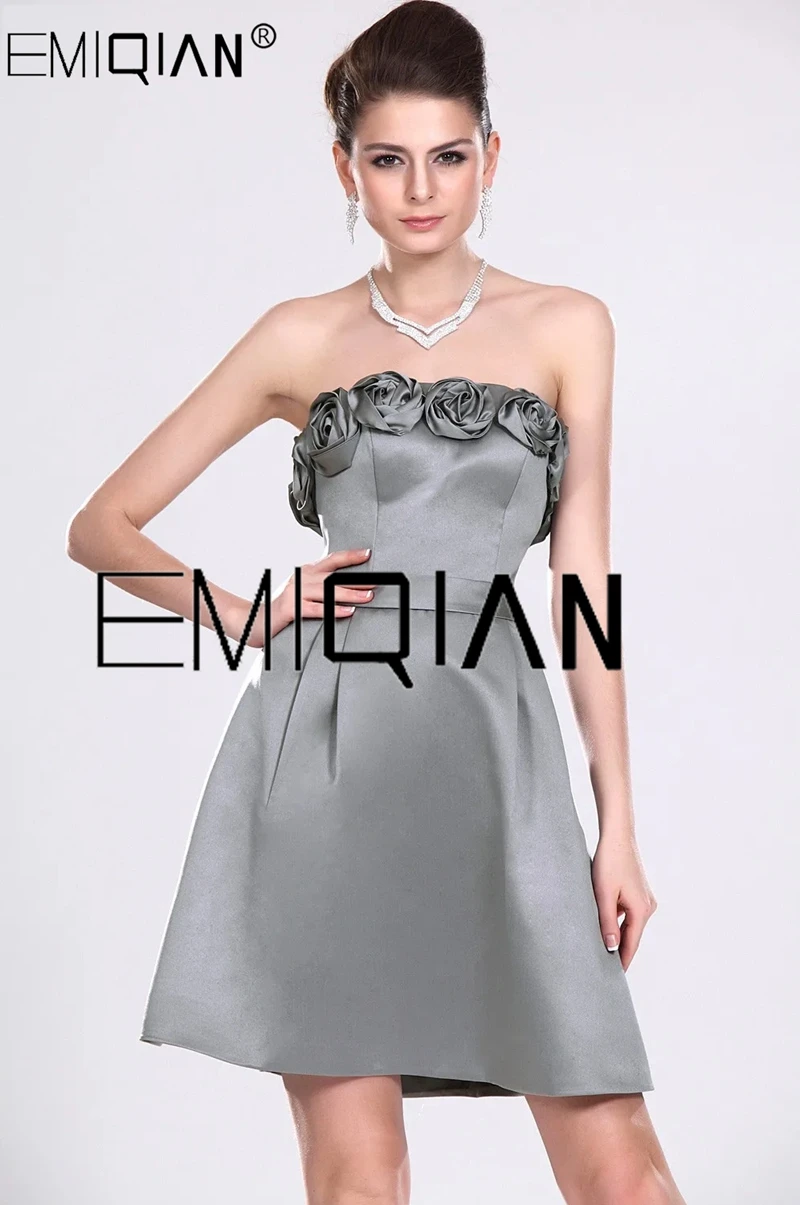 

Strapless A Line Formal Wedding Party Dress Short Gray Satin Bridesmaid Dress Cocktail Party Dress