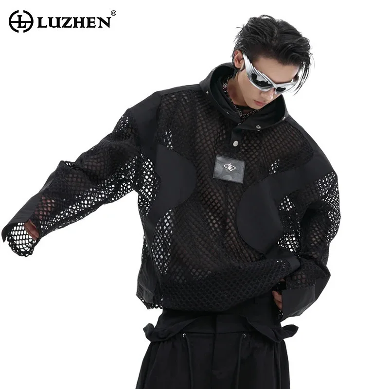 LUZHEN Hollow Mesh Hooded Pullovers Sweatshirt Loose Punk Design Trendy Casual Breathable Jackets Men Sport Fashion Coat LZ5146