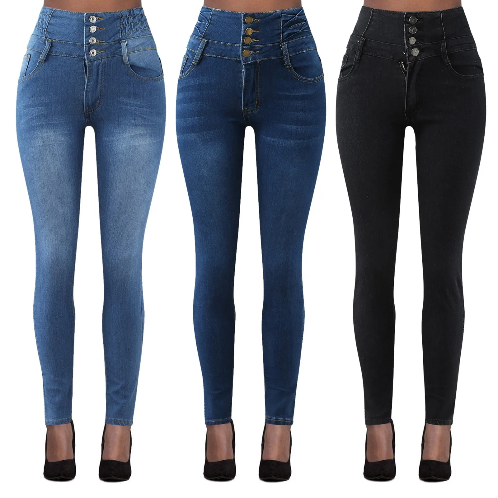 

Women High Waist Elastic Slim Fit Skinny Jeans Lady Vintage Button Pencil Long Pants Narrow Straight Wrap Hips Casual Trousers