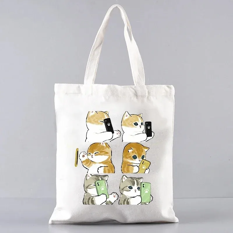 

Cat Cartoon Pattern Handbag Canvas Shoulder Bag Storage Bag Reusable Shopping Handbag Fashionable Girl Handbag Holiday Gift