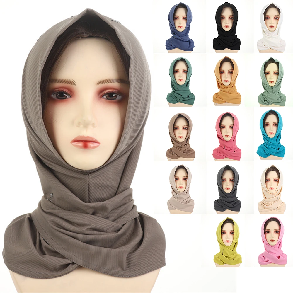 Muslim Hijab Solid Color Turban Arabian Nylon Pullover Hat Front Slit Hot Diamond Malay Ladies Headscarf Ethnic Shawl Cap