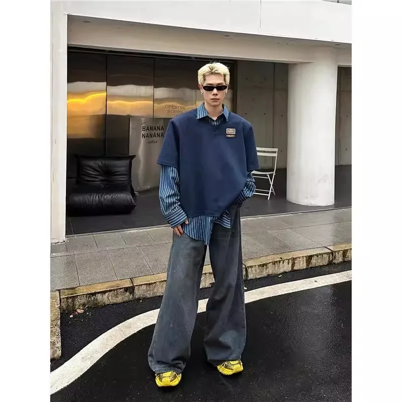 

Autumn Winter Large Size Couple's Vintage Preppy Style Long Sleeve Shirt Fake Two-Piece Men's Outerwear Top Casual Shirt