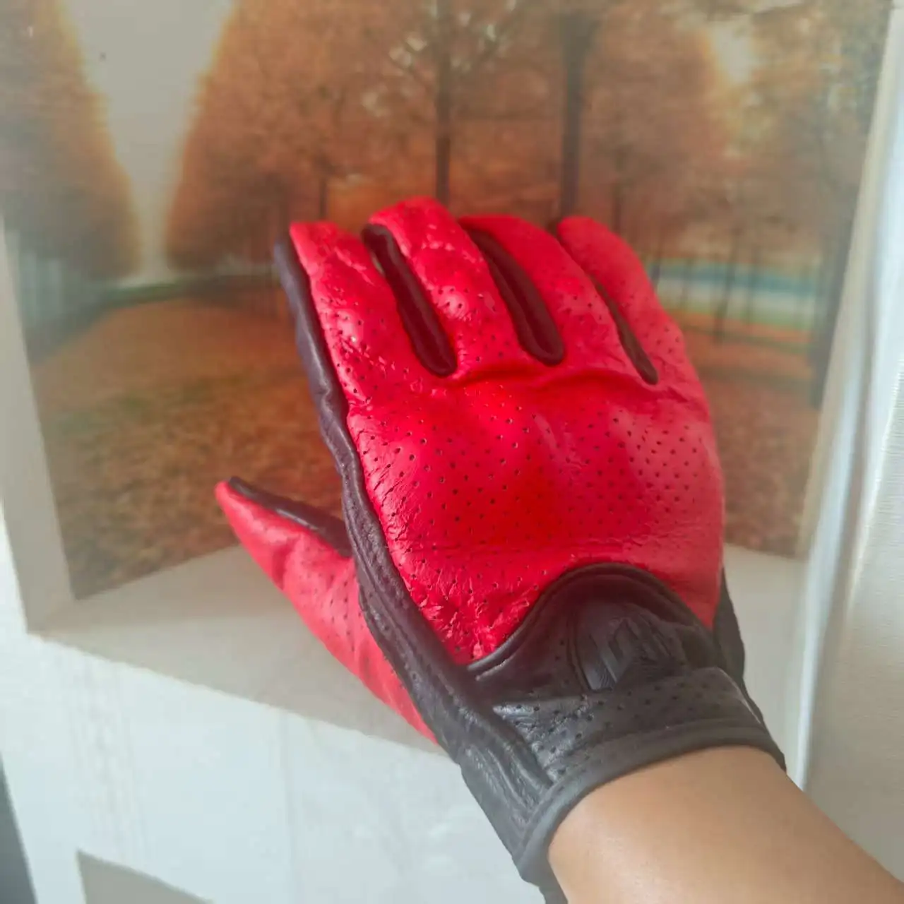 

Summer Breathable Perforated Motorcycle Gloves with Retro Leather Full Finger Touchscreen & Built-in EVA Shell Protection Riding