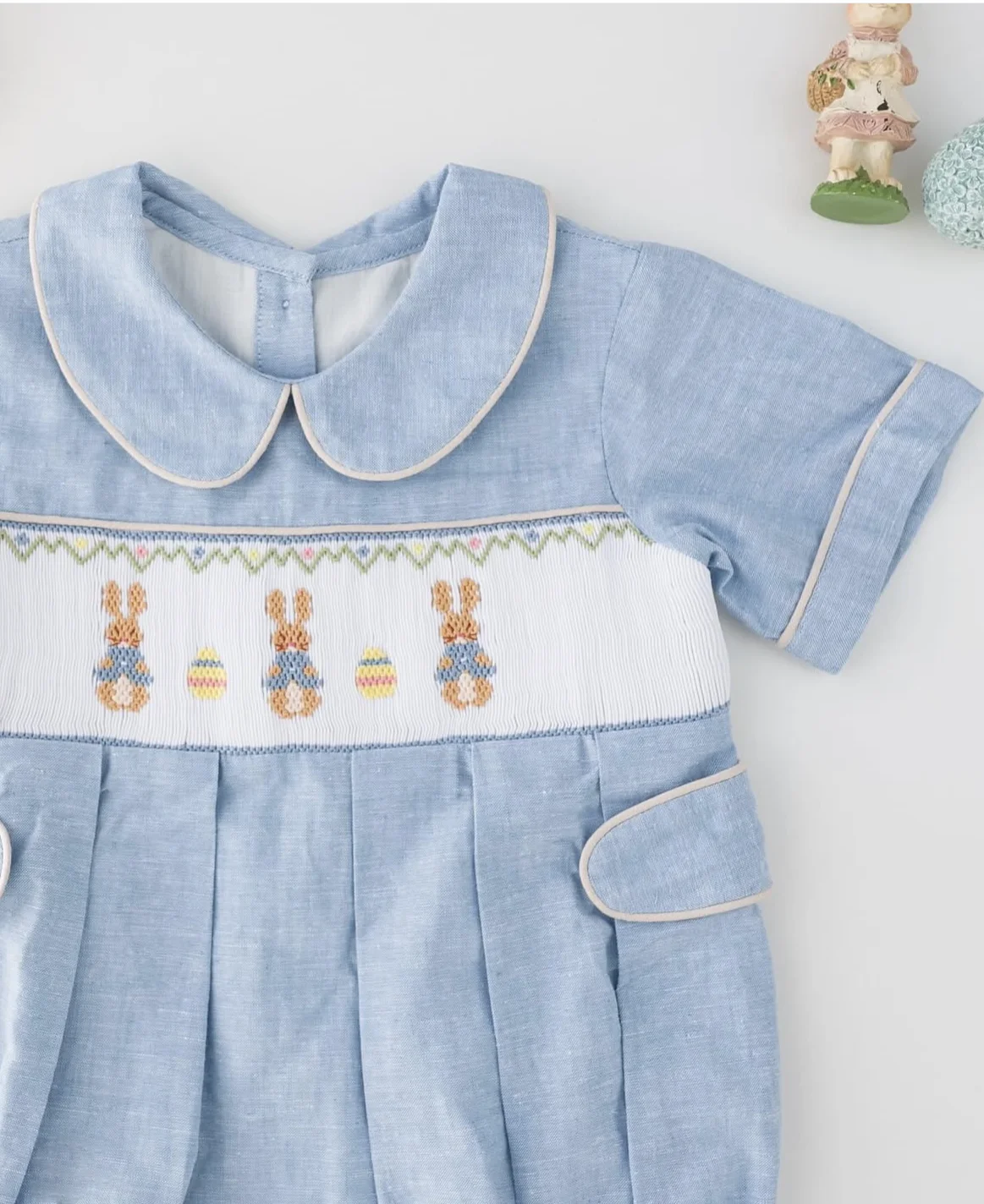 0-6Y Baby Boy Summer Rabbits Handmade Embroidery Smocked Blue Rompers for Birthday Phototgraphy Party Holiday Eid Casual A5
