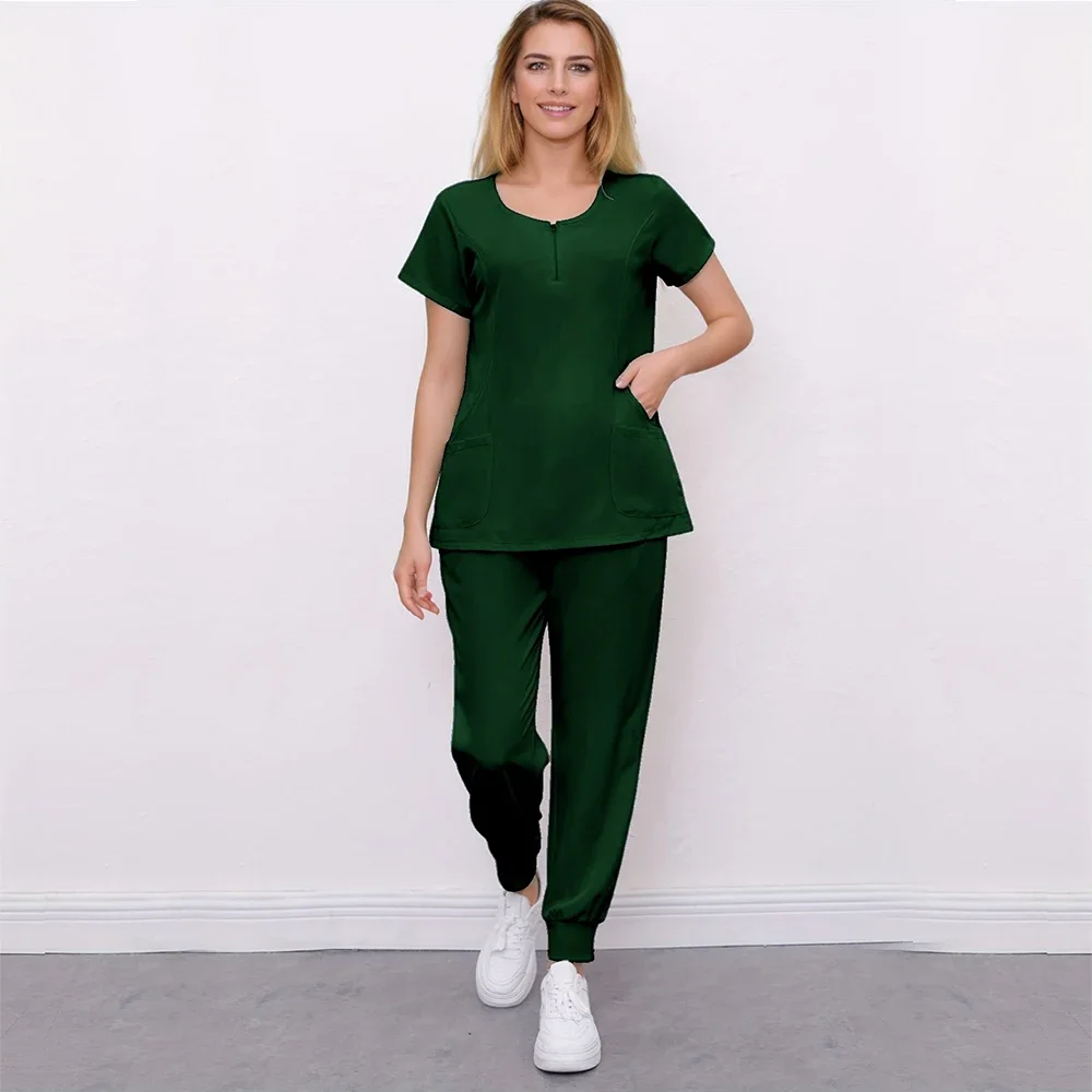 Operating Room Nurse Surgery Round Neck Leisure Suit Stretch Zipper Pet Beauty Salon Clinic Scrub Medica Short-sleeved Uniforms